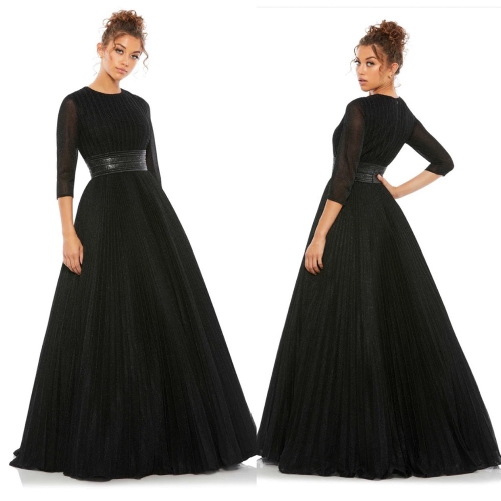 Mac Duggal 30700 Black Shimmering Pleated A-line 3/4 Sleeve Full Length Gown 4 - Picture 1 of 11